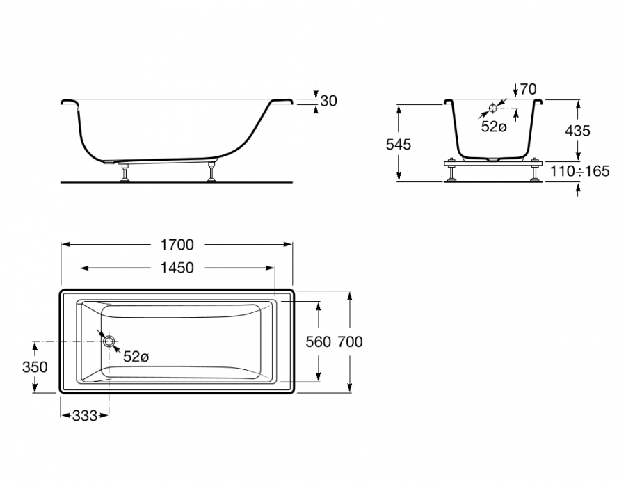 ванна прямоугольная VYTHOS акриловая  / 170х70 /  ( белый )  