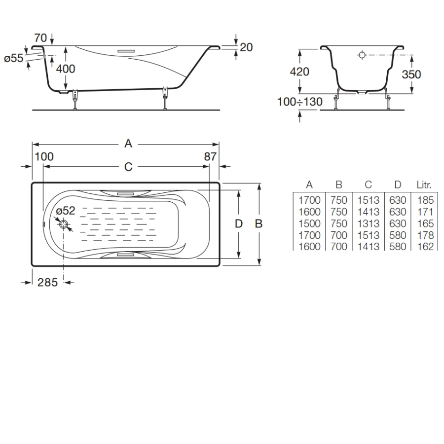 ванна MALIBU с отверстиями под ручки  / 160х75 /   ( бел )  