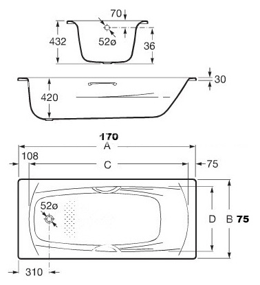 ванна SWING с отверстиями под ручки  / 170х75 /   ( бел )  